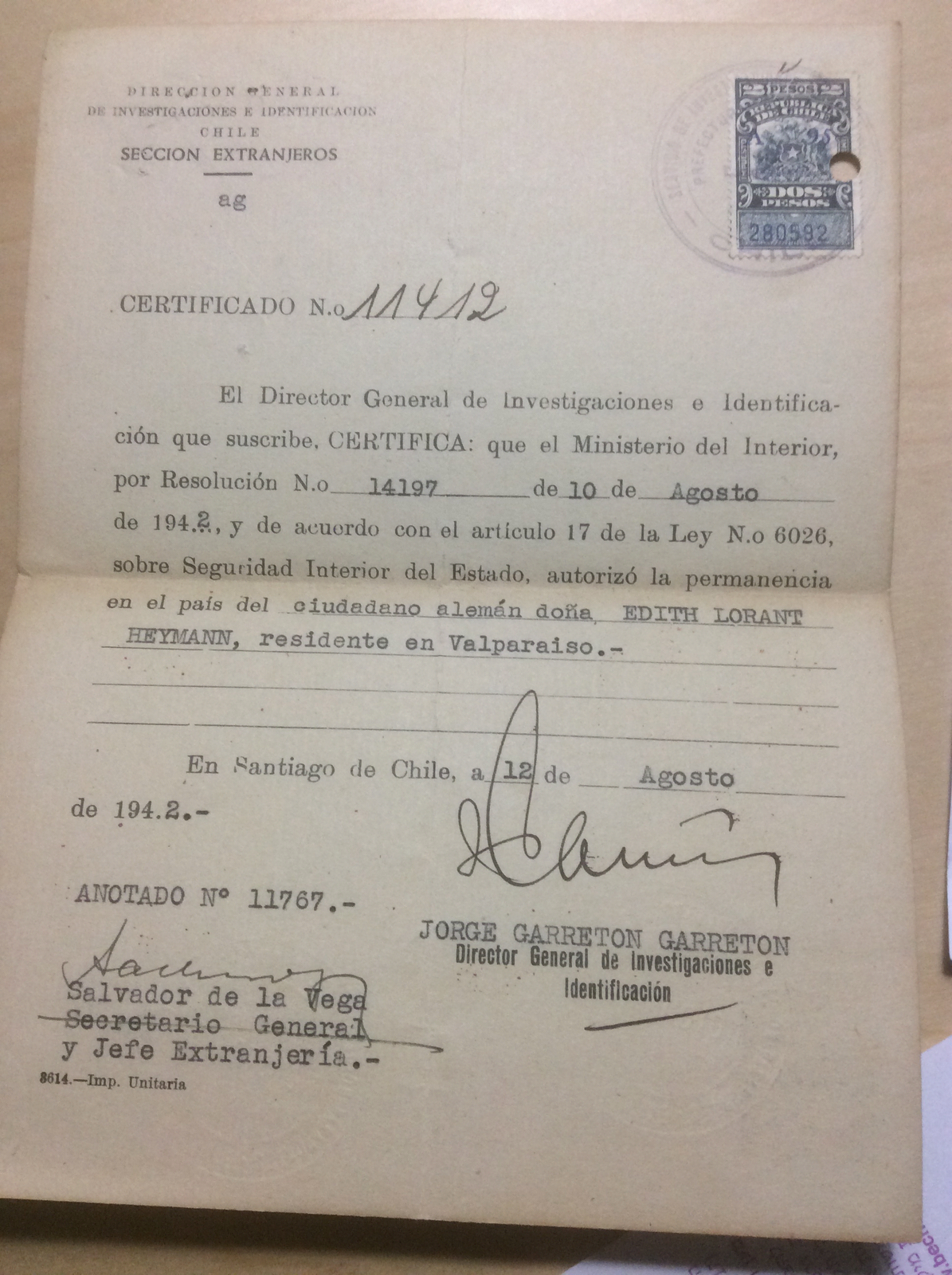 Zertifikat chilenische Staatsbürgerschaft Edith Lorant